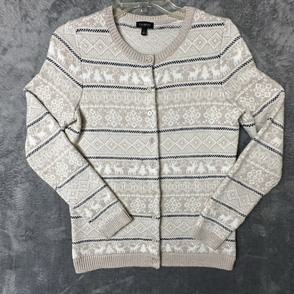 Talbots Sweater Women's Size Small Beige Cotton‎ Blend Deer Pattern Button Up